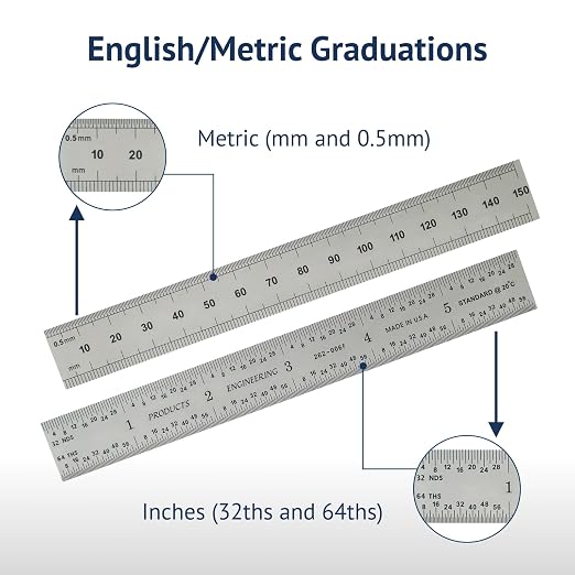 PEC Tools 6" x 150mm Machinist Metal Ruler, High Carbon Steel, English/Metric Markings 1/32", 1/64", 0.5mm, 1mm, Suitable for Engineers Between Imperial and Metric Systems, Made in USA