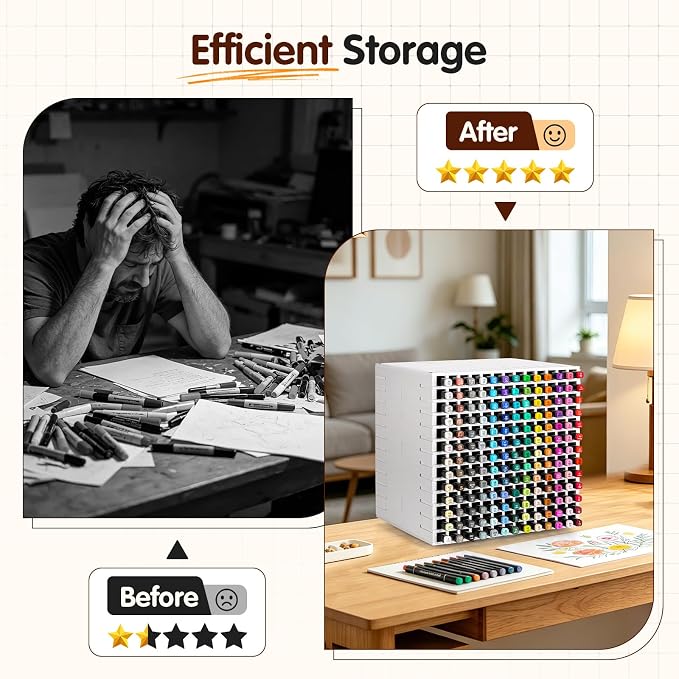 360° Rotating Marker Storage Rack, 338 Individual Slots Desktop Organizer Holder for Art Markers, Pens, Color Pencils - White