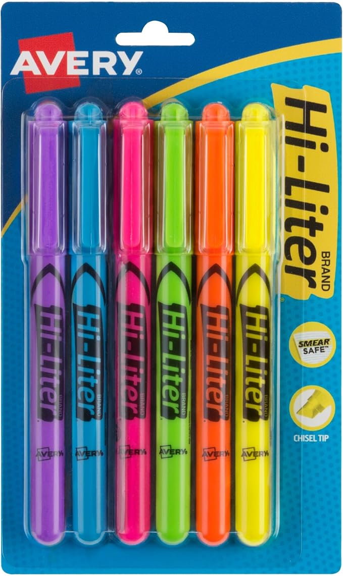 Avery Hi-Liter Pen-Style Highlighters, Smear Safe Ink, Chisel Tip, 6 Assorted Color Highlighters (23585)