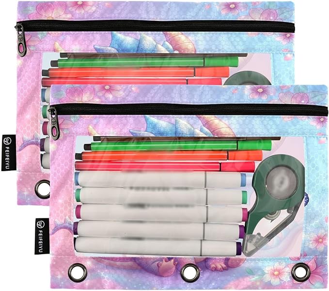 Gredecor 3 Ring Binder Pencil Pouch, Adorable Dragon Butterfly Zippered Pen Case Pouches with Clear Window, 2 Pack Stylish Office & School Supplie