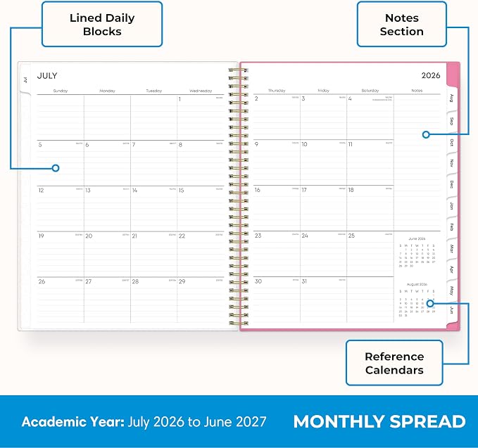 Blue Sky 2026-2027 Weekly & Monthly Academic Planner Calendar, 8.5"x11" | July 2026 - June 2027, Roosevelt Pink, Flexible Cover, Wirebound, Storage Pocket, Laminated Tabs, Academic Year