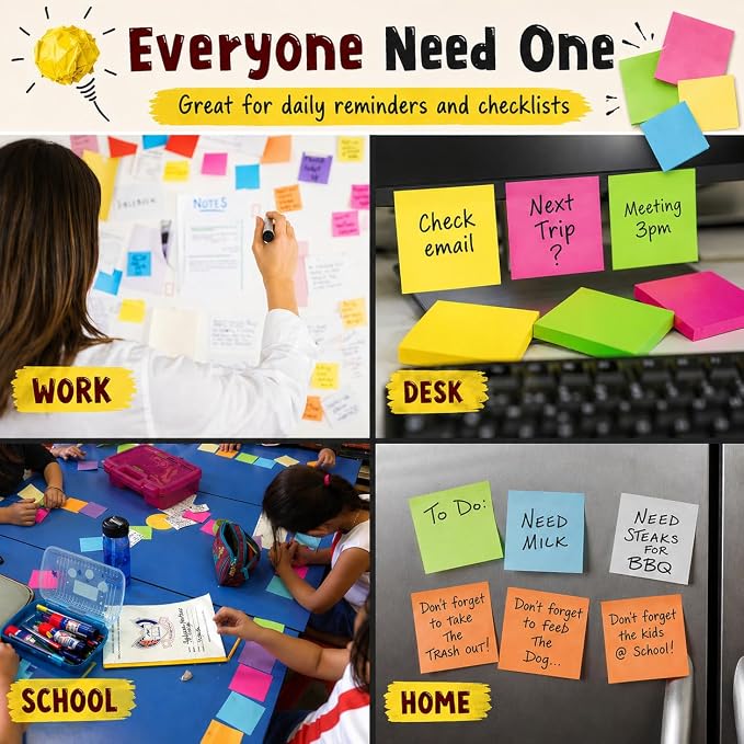 24 Pads Sticky Notes 3x3, 100 Sheet/Pad, Self-Adhesive Note Pads in 6 Bright Colors – Very Very Sticky for School, Office, Desk Use