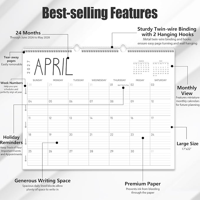 GuassLee Large Wall Calendar 2026-2028, 24-Month 22" x 17" Wall Calendar from Jun. 2026 to May. 2028, Large Desktop Hanging Monthly Planner with Thick Paper, Ruled Blocks for Home School Office
