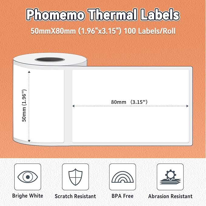 Phomemo Thermal Labels- Address Labels Sticker for M120/M220/M110/M221/M150/M250 Label Printer Machine, 1.97"x3.15"(50x80mm),100 Labels/Roll, for Barcode/Cloth/Name/Bussiness Tag,Black on White
