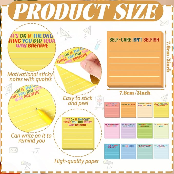 Yinder 24 Pcs Inspirational Sticky Notes, Back to School Supplies, Cute Motivational Sticky Notes Pad Employee Appreciation Gifts Bulk for Teacher Coworker Office 3 x 3'' (Mental Health,Light Colors)