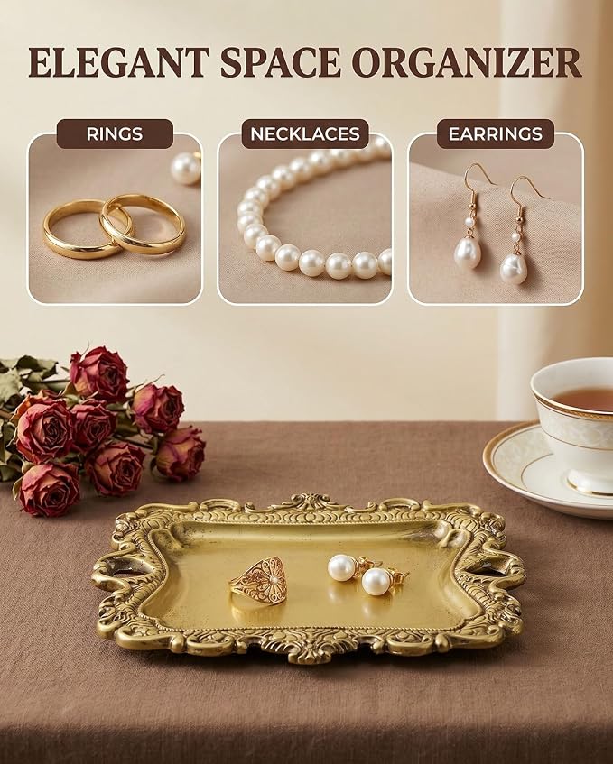 8x7 inch Vintage Gold Jewelry Tray, Middle Decorative Trinket Dish | Rings and Perfume Organizer for Vanity, Elegant Baroque Style Accessory for Wedding Detail Photography