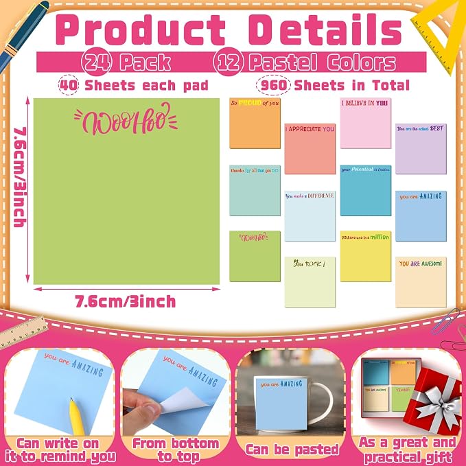 Yinder 24 Pcs Sticky Notes Gifts Bulk,Thank You,Elegant Color