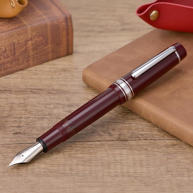 Wikult Yongsheng Junlai 930 Acrylic Fountain Pen, Size 9 Broad Nib with Piston Filling System, Wine Red Fence Ink Tank with Flat Top Design Smooth Writing Pen (Silver Trim)