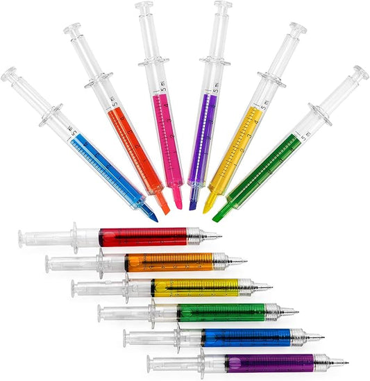 Hutou 6 Syringe Ballpoint Pens + 6 Syringe Highlighters, 12 Set | Syringe Pen Multi Color Novelty Pen for Student School Supplies