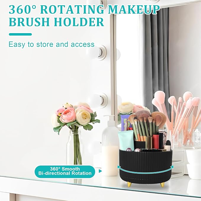SAYEEC Rotating Pen Holder 5 Slots Desk Organizer with Adjustable Phone Stand Black Makeup Brush Holder Organizer Cute Pencil Cup Pot Art Supply Storage Box Caddy for Office School Vanity Bathroom