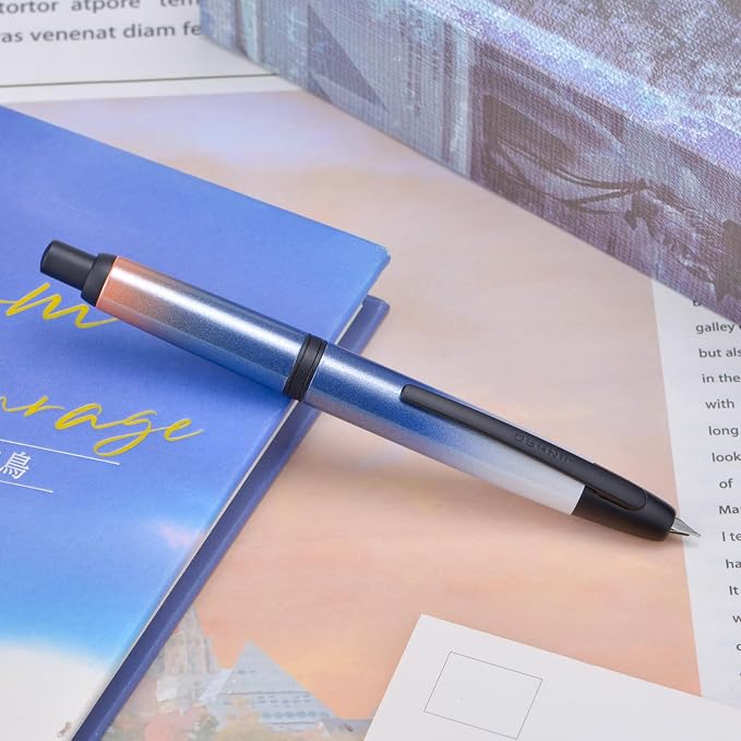 Jinhao 10 Press Fountain Pen with Box, Gradient Dark Blue Retractable Medium Nib with Ink Converter Set (Black Clip)