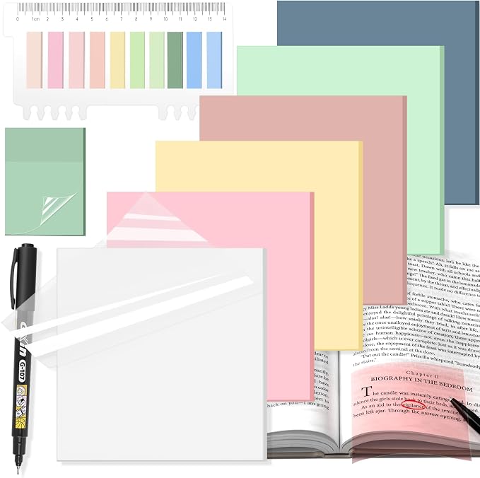 Transparent Sticky Notes 3x3 (with Sticky Tabs & Marker Pen), MEIGAONE 9 Pack Clear Sticky NoteSuper Strong Adhesion, Waterproof Translucent Sticky Note for Study, Book,Office,School Supplies