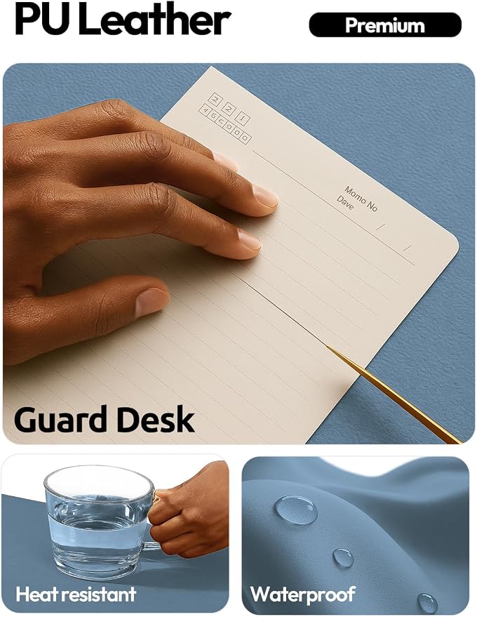 YSAGi Leather Desk Protector, Office Mat, Large Mouse Mat, Non-Slip PU Leather Blotter, Laptop Desk Pad, Waterproof Writing Pad for Office and Home (Blue, 35.4" x 17")