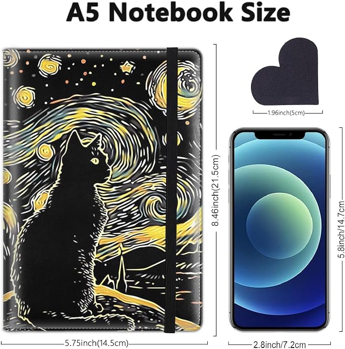 A5 Leather Lined Journal Notebook, 200 Pages Hardcover Executive Notebook for Men Women Office School Note Taking, Thick Writing Paper Daily Journal with Bookmarks/Indexes, Starry Night Cat