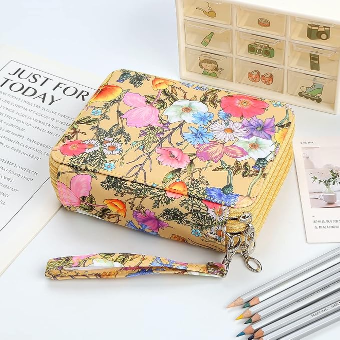 Portable Colored Printing Pattern Morning glory and Daisy Pencil Case 72 Slots Pencil Bag Organizer with Zipper for Watercolor Pens or Markers, Pencil Case Organizer for Artist