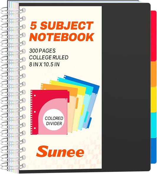 SUNEE Spiral Notebooks for Work with Removable Dividers & Tabs – College Ruled 5 Subject, 300 Pages, 3 Hole Punched, Durable PP Cover, 8"x10.5" – Notebooks for Office or School, Black