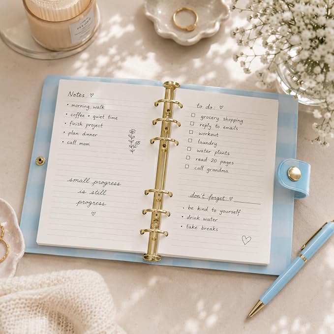 Pearhead Blue Gingham 5x7 Binder Journal with Snap Closure – 1 Inch Round Ring 6 Ring Refillable Notebook – 100 Lined College Ruled Pages, Thick 100 GSM Paper – Small PVC Planner Organizer, Journal Gift For Women