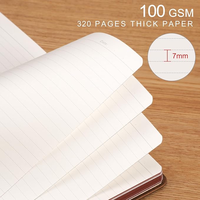 AHGXG Thick Lined Notebook, 320 Numbered Pages, A5 (5.75'' X 8.38'') | College Ruled Journal, Vintage Leather Hardcover, 100gsm Paper, for Men Women Work Office School (Brown)