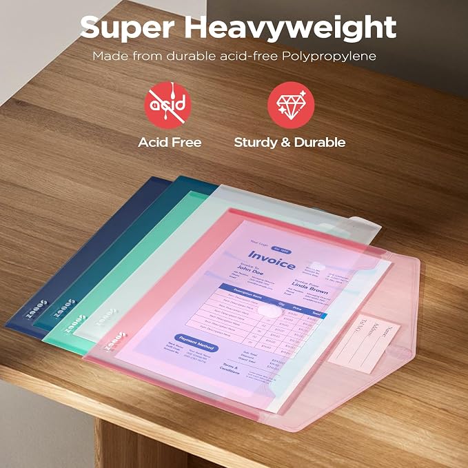 Sooez 20 Pack Plastic Envelopes, Plastic File Folders, Clear Folders | Trendy Colors, Super Heavyweight Document Holders, Storage Pouches, File Envelopes for School Office Supplies