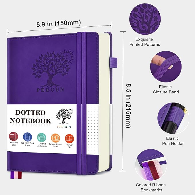 PERCUN A5 Dotted Journal Notebook, Leather Hardcover Notebook 5.9"×8.5" | 160 Dotted Pages Journal for Women & Men, Dot Grid Notebook for Writing, Work, School, Travel Daily Diary, Bullet Journaling
