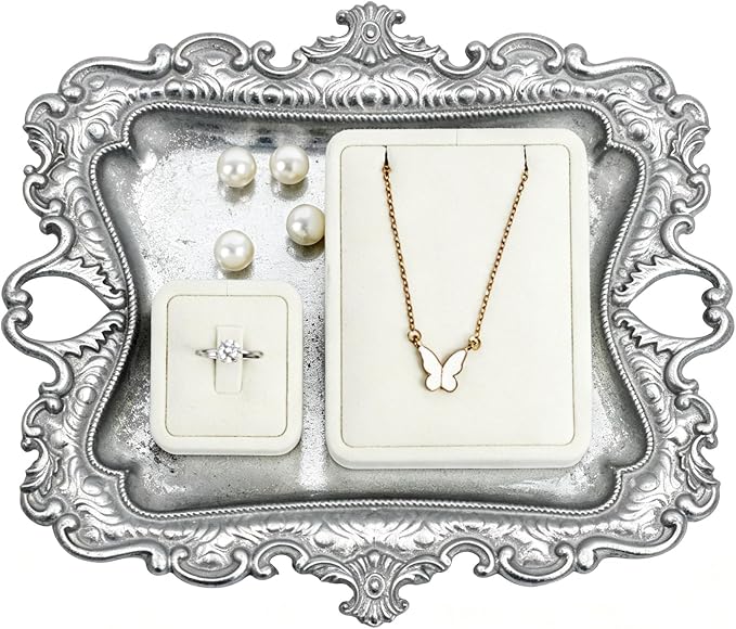Funly mee 8 x 7 inches Antique Trinket Dish Vintage Jewelry Tray, Ring Holder (Sliver, M)