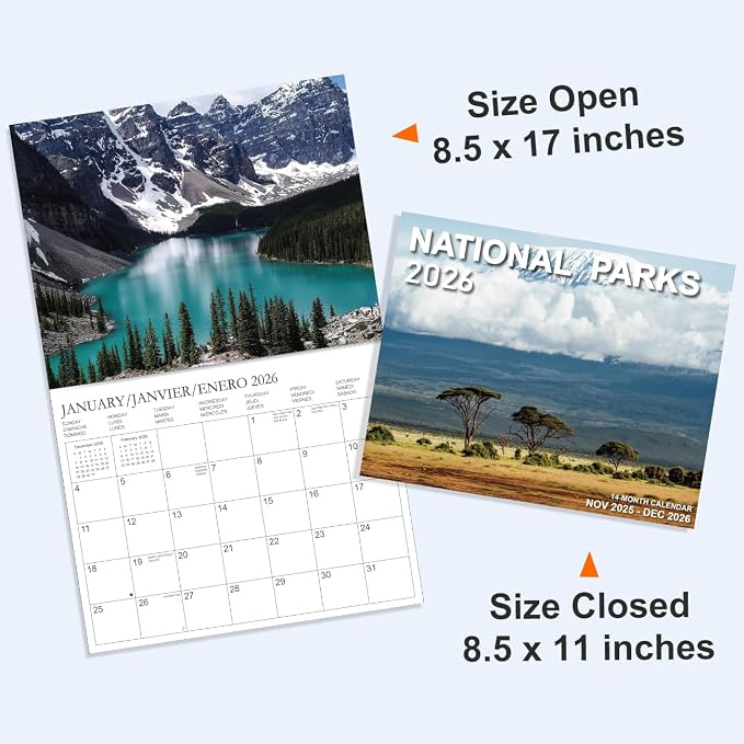 Calendar 2026 - Wall Calendar from January 2026 to December 2026, 3 Languages(English,French,Spanish), 2026 Wall Calendar with Holiday Marked, Premium Paper for Organizing, 8.5" x 11",National Park - B