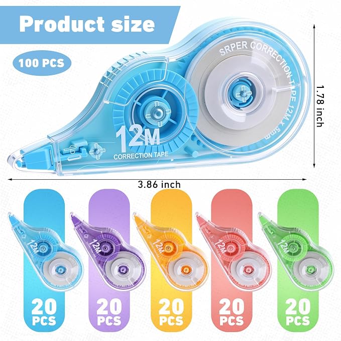 AmazingSpark 100 Pcs Correction Tape Bulk 39.4 ft White Wrong out Tear-resistant Instant Corrections Easy to Use Applicator for School, Office, Note Taking, Journal, Tape Width 0.2in(5 Macaron Colors)