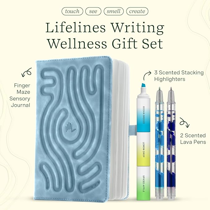 Lifelines Writing Wellness Gift Set - Aromatherapy & Sensory Immersion | Scented Writing Set Includes Finger Maze Sensory Journal, 3 Scented Stacking Highlighters & 2 Lava Gel Pens