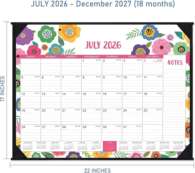 2026-2027 Desk Calendar - Large Desk Calendar 2026-2027, Jul 2026 - Dec 2027, 22" x 17", 18 Month Large Calendar 26-27 with Corner Protectors, To-Do List & Notes, Desk/Wall Calendar for Organizing - Colorful Floral