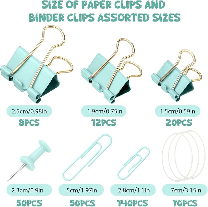 350 Pcs Paper Clips Binder Clip Assorted Sizes, Macaron Green Paper Clamps Office Clips Set Paperclips Rubber Bands Push Pins for Office and School Supplies