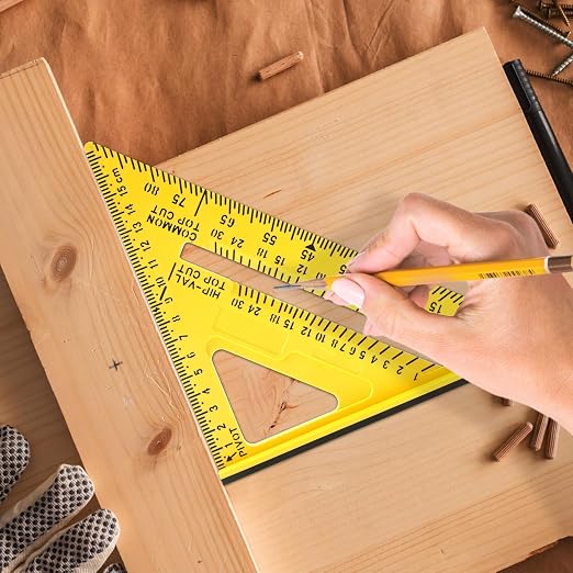 7 Inch Woodworking Triangle Ruler, Metric and Imperial Plastic Carpenter Square, Precision Right Angle Measuring Ruler, Clear Scale Square Protractor for Woodworking and Carpentry (Yellow)