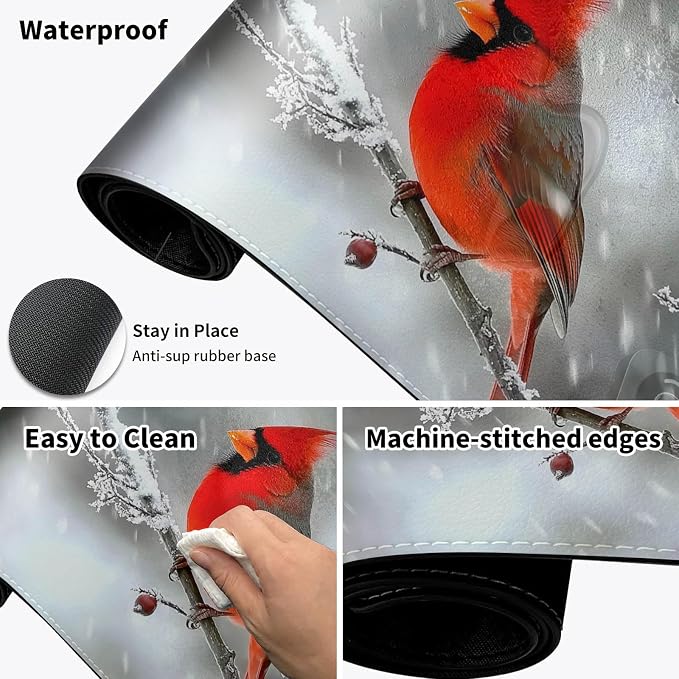 Heated Desk Pad Mouse Pad,Heated Desk Mat,with 3 Heating Levels & 3 Hours Auto Shut-Off,Leather 23.6"*14.2" Gaming Mouse Laptop Mat,Foot Warmer,Red Main Cardinal Bird
