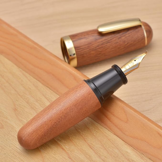 Majohn Q1 Fountain Pen Fude Pen Bent Nib Brown Wood, Little Fat Man Eyedropper Filling Pocket Pen Large Capacity
