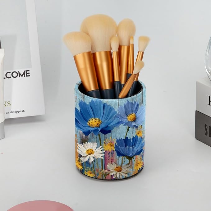 Rural Wooden Flowers Leather Pen Holder for Desk, Multifunctional Desktop Organizer Pencil Cup, Desktop Caddy Stationery Organizer for School Home Office Desk Accessories