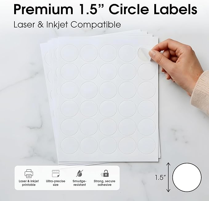 1.5" Printable Round Labels for Laser and Inkjet Printers - 15000 Blank Labels, 500 Sheets for Thank You Stickers, Price Tags, QR Codes, Business Logos - Spartan Industrial Template C003