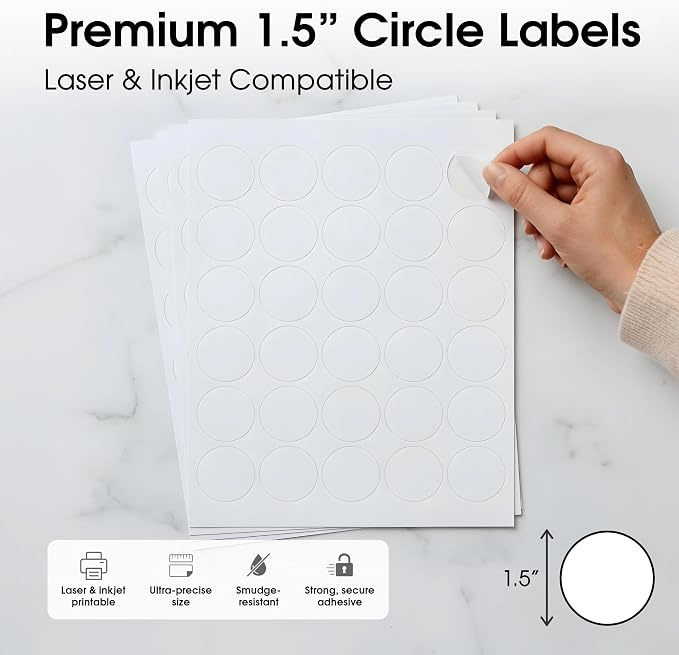 1.5" Printable Round Labels for Laser and Inkjet Printers - 3000 Blank Labels, 100 Sheets for Thank You Stickers, Price Tags, QR Codes, Business Logos - Spartan Industrial Template C003