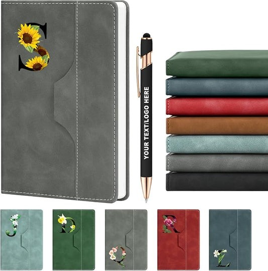 ENOMY Personalized Notebook Journal & 10 PC Pens Set Custom Notebook with Pen 240 Pages A5 Hardcover Journal for Men Women Leather Notebook for Work College Graduation Gifts, Grey