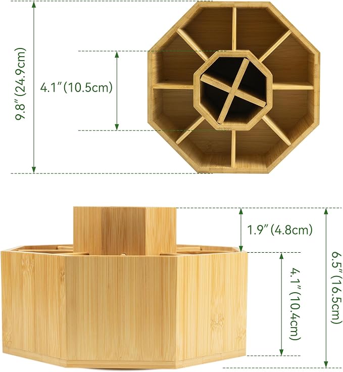 VaeFae 360° Rotating Bamboo Pen Holder Desk Art Supply Organizer | 9-12 Slots, Removable Divider, Octagonal Frame, Polished Surface, Space-Saving for Pens, Markers, Brushes & Beauty Supplies