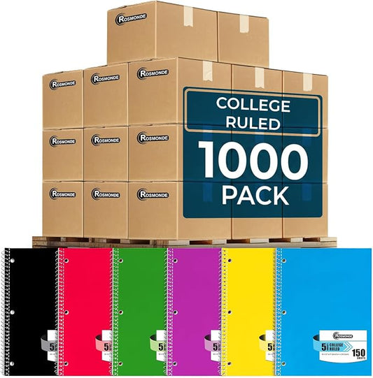 Rosmonde 1000 Packs (Pallet) 5 Subject Notebooks, Spiral Notebook Bulk, College Ruled,Pallet of Notebooks,150 Sheets (300 pages), 8 x 10-1/2", Bulk Spiral Notebooks for School & Office,4-7 Days Transit