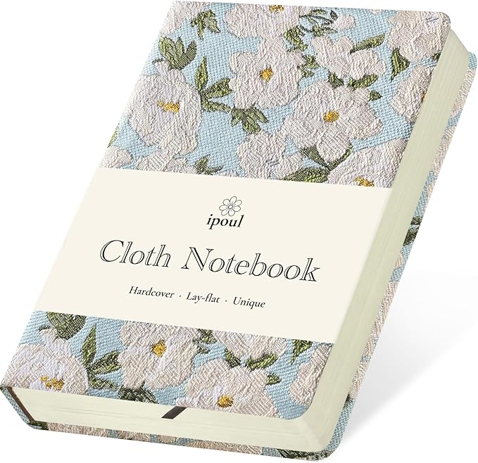 Pocket Notebook, A6, 4x6, Small Embroidered Journal, Cute Notebook, Lay Flat, Hardcover, Lined Notebook & Sketchbook, Personal Writing Journal for Women, Blue Journal, White Gardenia Flower