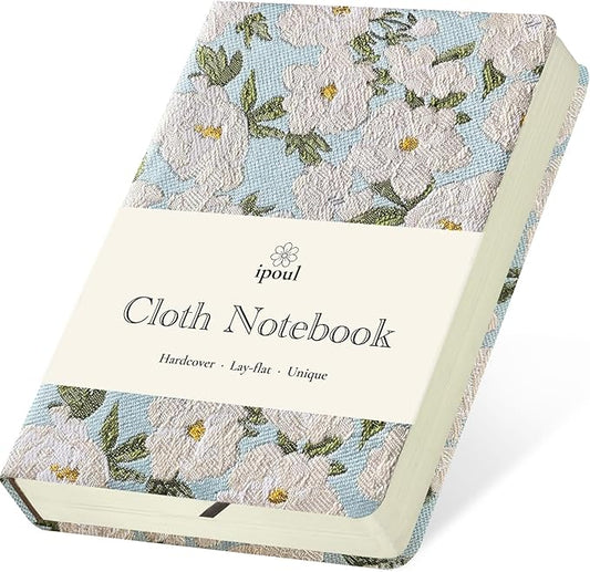 Pocket Notebook, A6, 4x6, Small Embroidered Journal, Cute Notebook, Lay Flat, Hardcover, Lined Notebook & Sketchbook, Personal Writing Journal for Women, Blue Journal, White Gardenia Flower