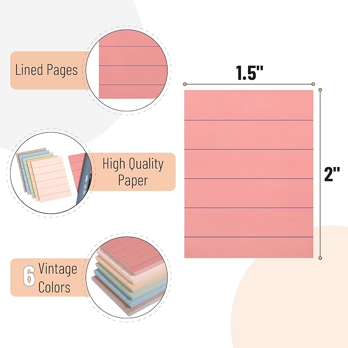 Mr. Pen- Small Lined Sticky Notes, 1.5" x 2", 6 Pads, 60 Sheets/Pad | Vintage Color, Small Sticky Notes with Lines, Ruled Post Stickies, Memo Pads, Self-Stick Note Pad for Office, School, Home