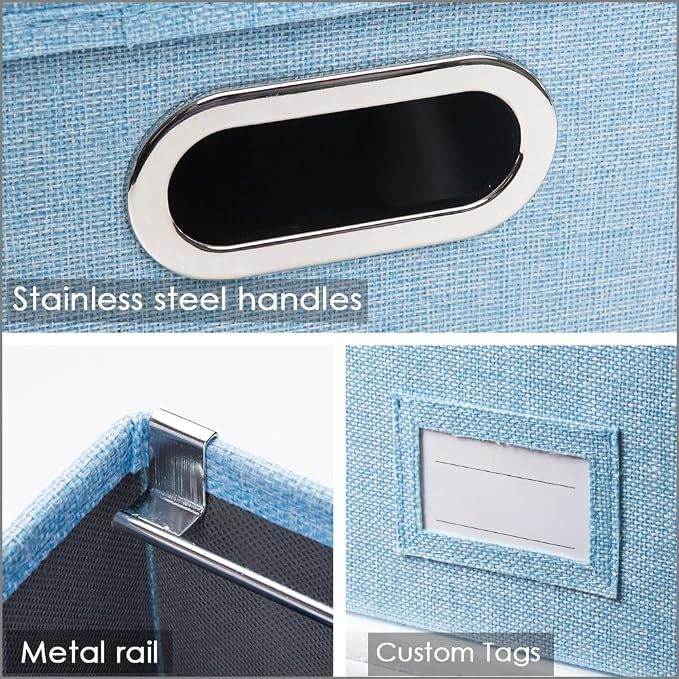 PRANDOM File Organizer Box - Set of 2 Collapsible Decorative Linen Filing Storage with Lids Office Cabinet Letter/Legal Size Blue (17x14x11.2 inch)