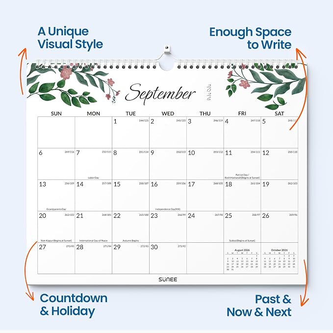 SUNEE Wall Calendar 2026-2027 18 Months Jul. 2026 - Dec. 2027, 14.5"x11.5" Big Grid Hanging Calendar with Note for Organizing & Planning, Monthly Calendar 2026-2027 with Last Month and Next Month, Greenery