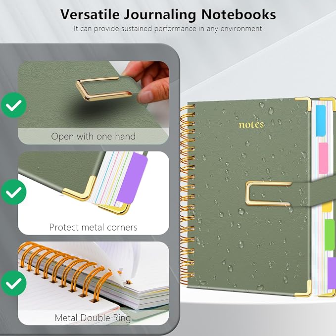 Hardcover Spiral Notebook College Ruled, 8"x10" Leather Journal Notebook with Magnetic Closure, 300 Pages 5 Subject Notebook with Dividers Tabs Journal for Women Men, Work, School(Sage Green)