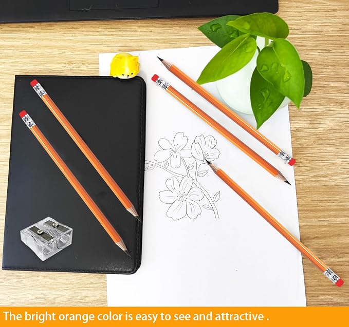 Adhere 25pcs Woodcase Pencils with Eraser Premium Pre-Sharpened Hexagon Graphite 2B pencils ideal for home, office writing including a Free Sharpener (Orange・25pcs)