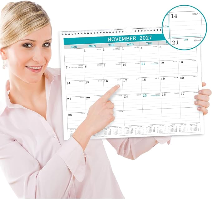Lemome Calendar 2026-2027 Office Home Planning & Organizing, July 2026 to December 2027, Thick Paper, Julian Date, Large Monthly Wall Hanging Spiral Planner for Family and Work - Green 11.5" x 14.6"