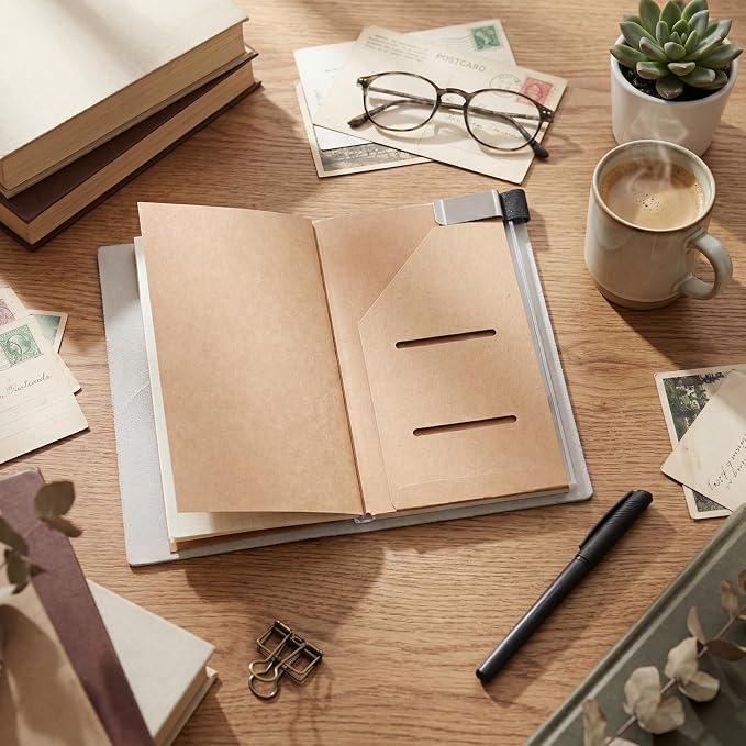 Thenshop Travelers Refillable Leather Journal Notebook Travel Diary Handmade Passport Travelers Journal for Men and Women with 3 Notebook Inserts, Pen Holder, Binder Clip(White,Stand Size)