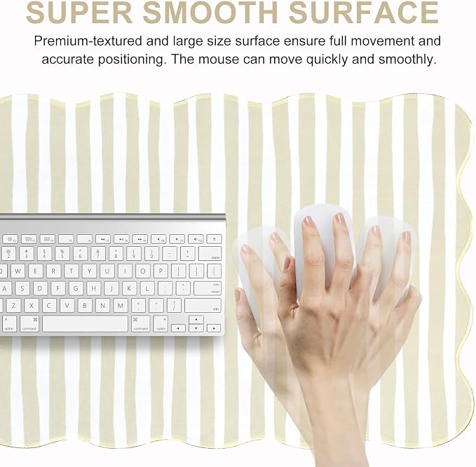L-SPOUTTO Beige Striped Mouse Pad,Scalloped Desk Mat XXL Large Geometric Gaming Mousepad,35.4x15.7in Non-Slip Rubber Base Keyboard Pad Waterproof Desktop Mat for Laptop Computer Game Home Office