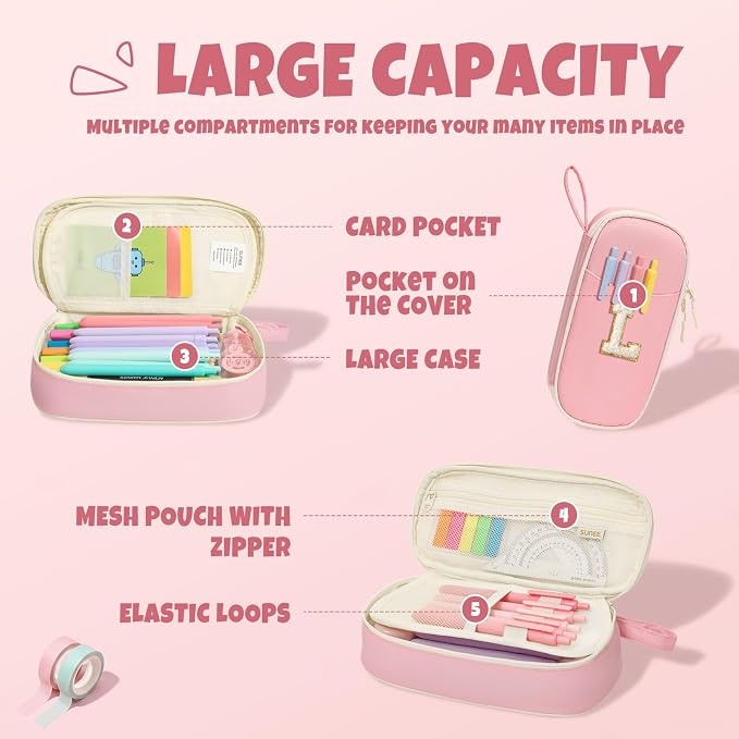 SUNEE Cute Pencil Case, Kawaii Big Capacity Pencil Pouch, Personalized Initial Pencil Bag with Zipper, Stationery Storage and Organizer, Back to School Supplies, Pen Box for Girls & Boys, Teen, L-Pink